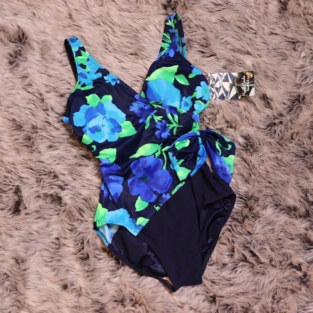 Vintage 90s Floral Wrap One Piece Swimsuit Womens 8 Blue Green NWT